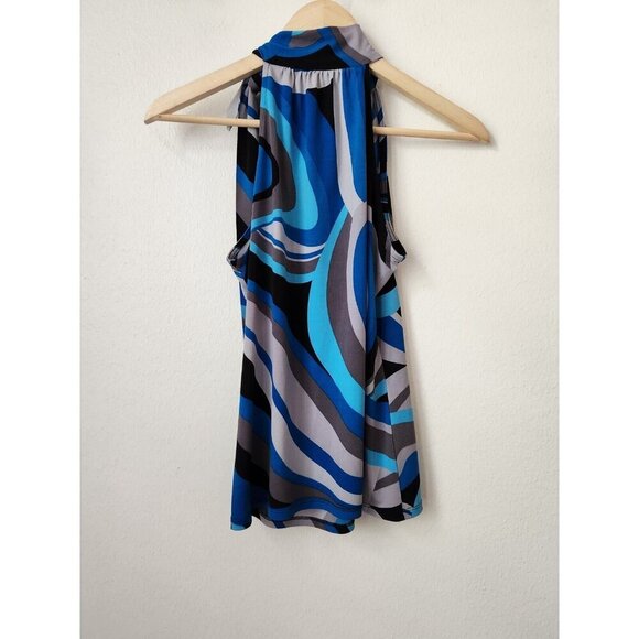 90s blue gray diagonal stripe tie neck sleeveless blouse M/L club career top - Picture 3 of 5